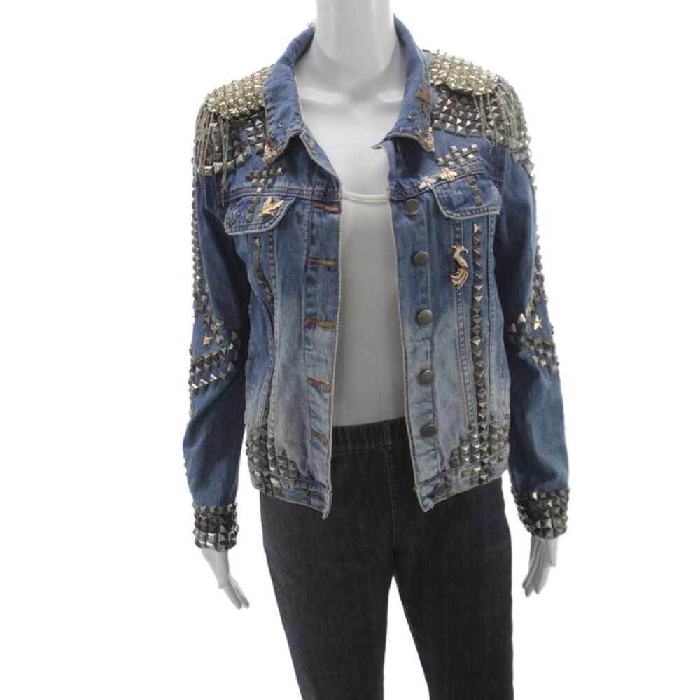 One X One Teaspoon Women Biker Jacket Blue Cotton Button Size XS